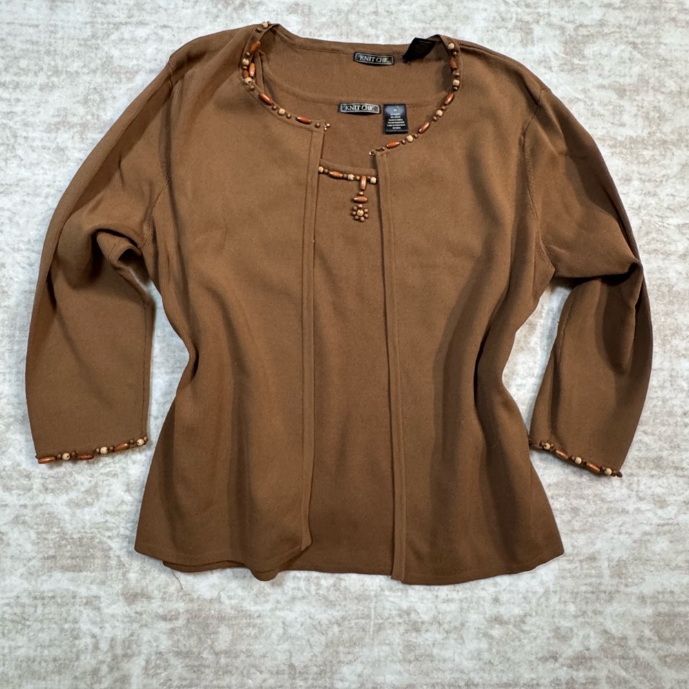 Knit Chic Brown Beaded Sweater Tank‎ & Cardigan Set Womens Medium Y2K